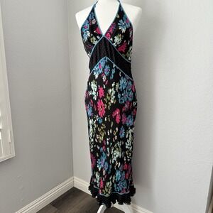 Vintage Y2k Express 100% Silk Slip Dress Size 9/10 Black Floral Mix Print Midi